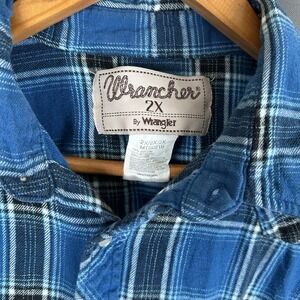 Wrangler Wrancher Pearl Snap‎ Shirt Men 2XL Western Cowboy Blue Flannel Plaid
